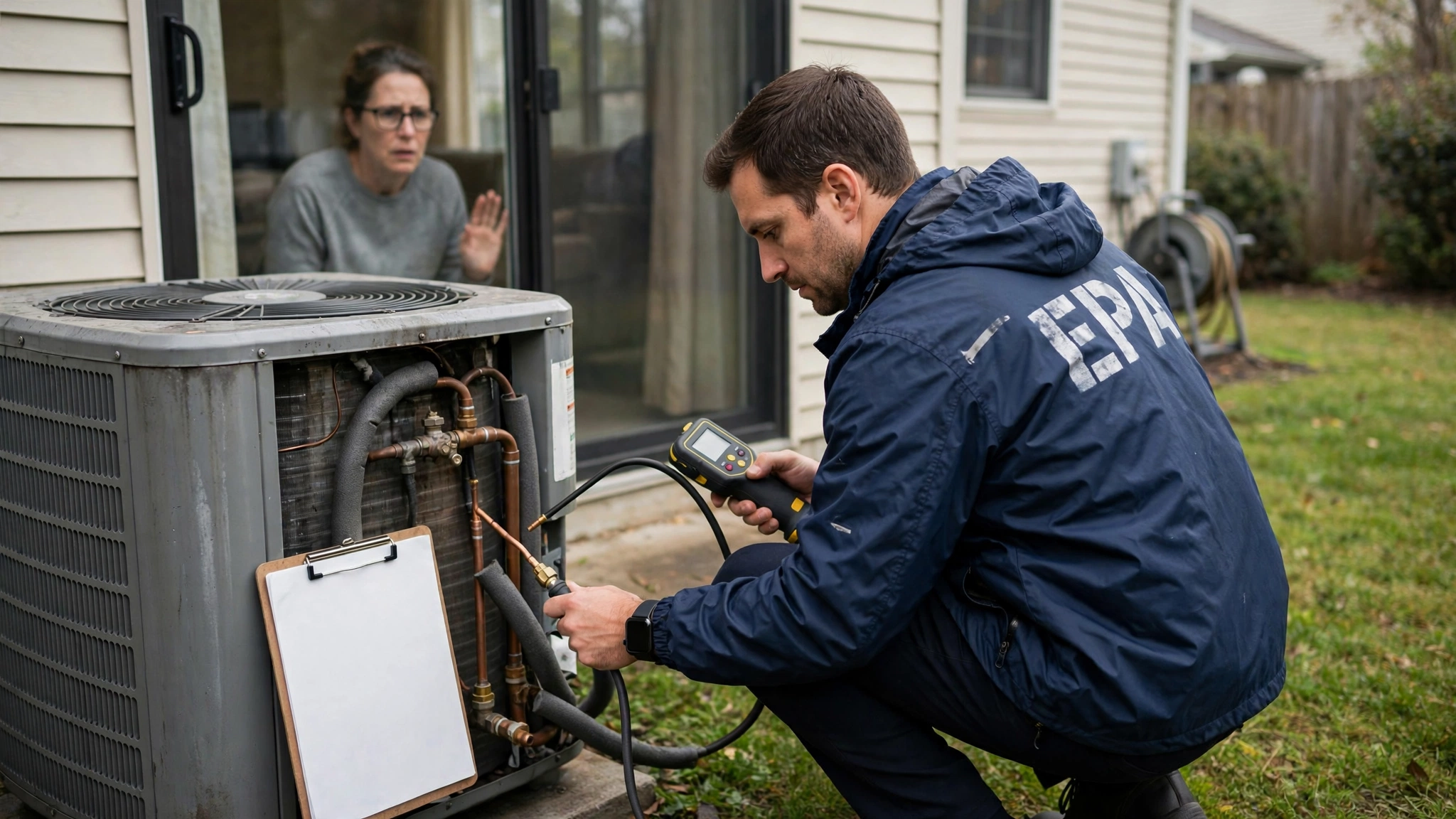An EPA inspector in a navy blue windbreaker crouched beside a residential outdoor air conditioning condenser unit in a suburban backyard, holding a refrigerant leak detection instrument with probe pointed at the copper line set, clipboard with violation notice resting against the unit