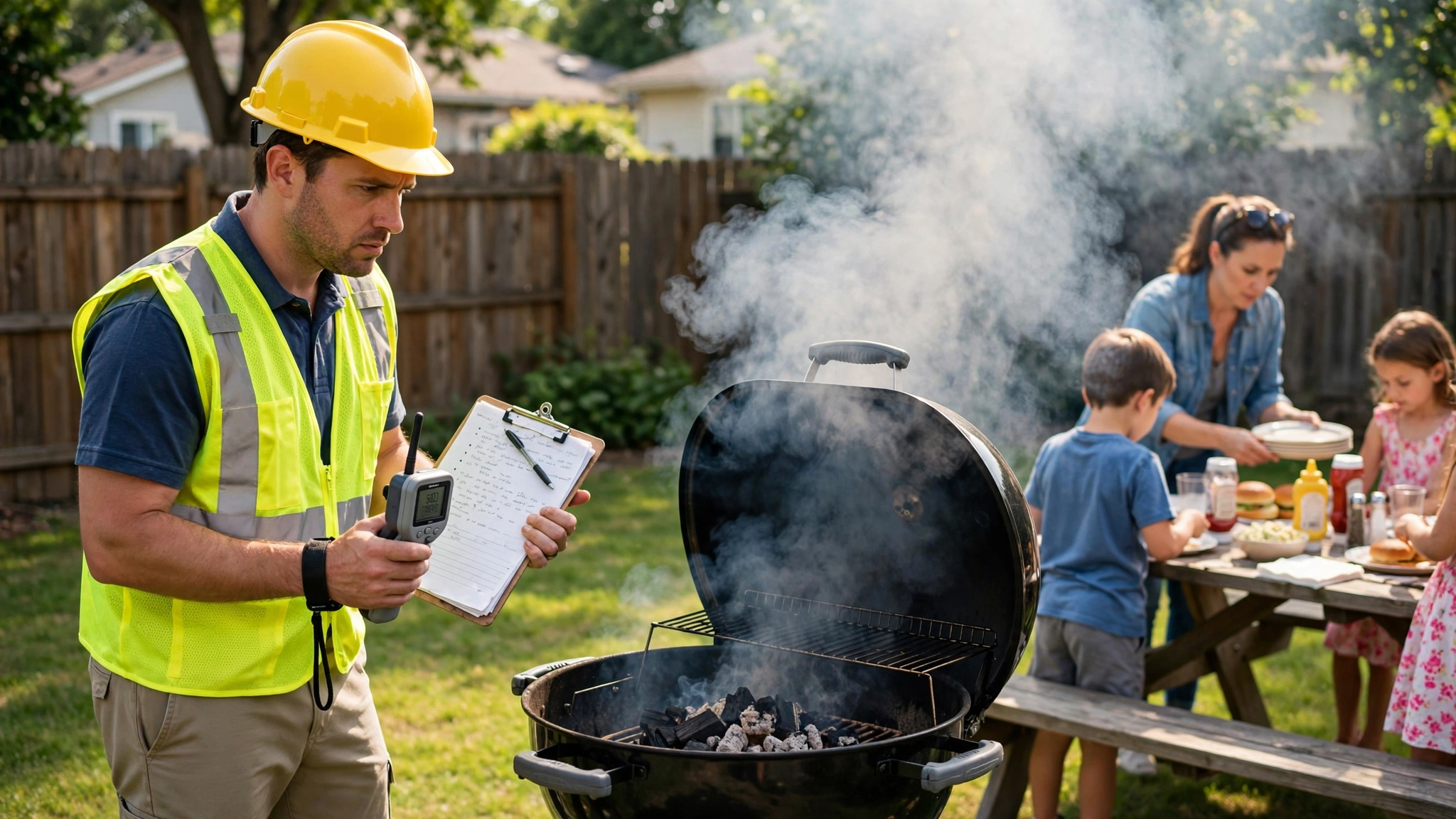 An EPA inspector in a hard hat and high-visibility vest standing in a suburban backyard, holding a clipboard and portable air quality monitor next to a smoking charcoal grill, while a family in the background sets a picnic table