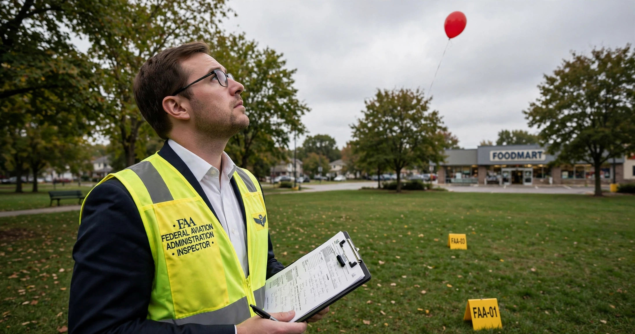 A serious photojournalistic scene of a federal aviation inspector in a dark suit and safety vest standing in a suburban park, holding a clipboard and looking up at a single red helium party balloon with a string drifting into the sky, yellow FAA evidence markers on the ground
