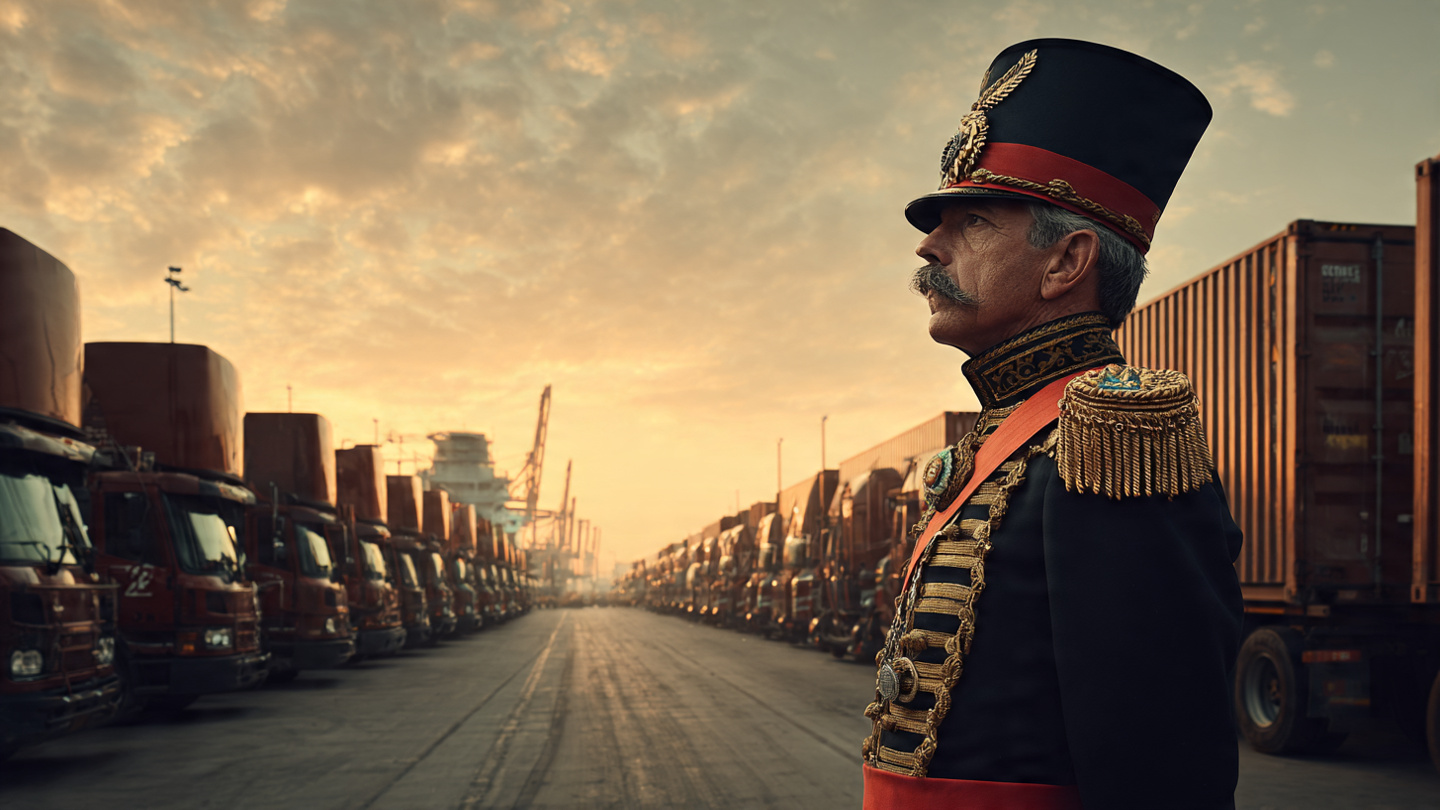 A Mexican general in 1860s military dress standing before a modern stock exchange ticker showing trade surplus figures, with avocado crates and tequila bottles replacing ammunition boxes