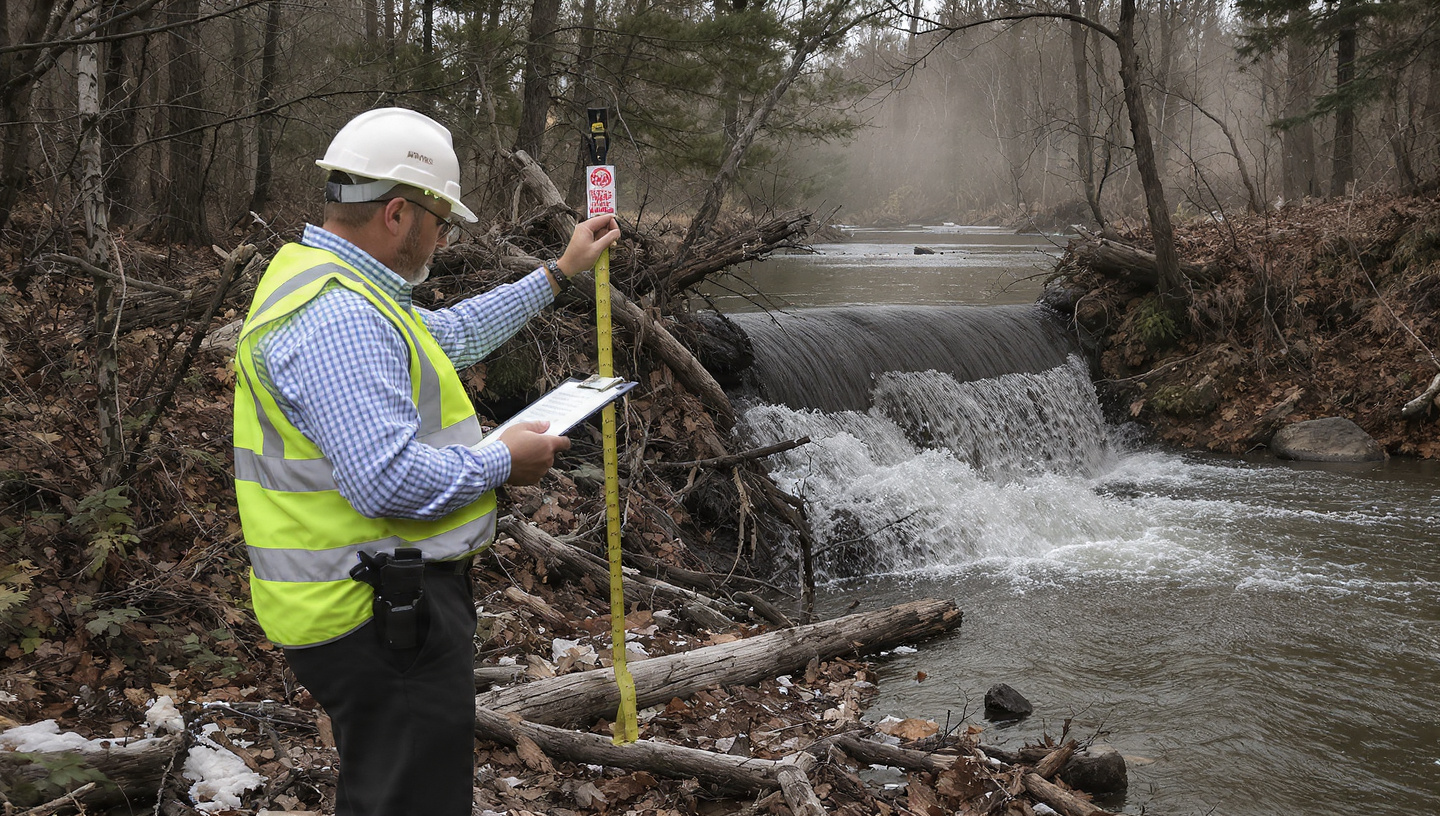 A federal dam safety inspector in a hard hat and hi-vis vest standing at the edge of a woodland stream, clipboard in hand, examining a beaver dam with a Notice of Violation posted nearby