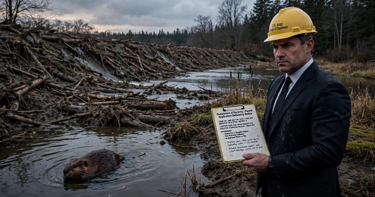 A stern Army Corps of Engineers inspector in a dark suit and hard hat holding a clipboard headed Department of the Army Permit Application Deficiency Notice, standing beside a massive beaver dam of mud-packed logs stretching across a stream at dusk, a North American beaver swimming in the impounded pond in the foreground, serious documentary style