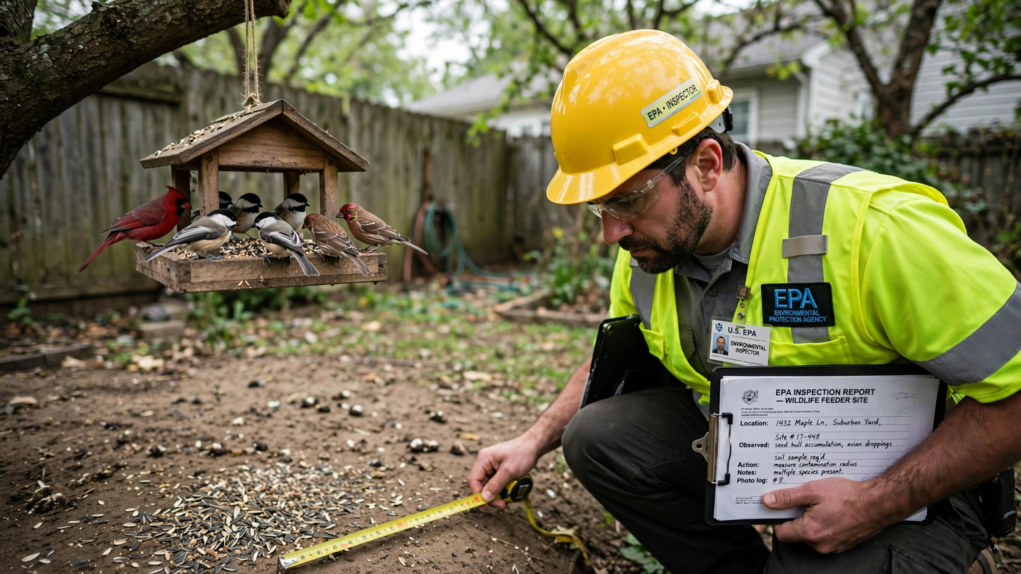 An EPA environmental inspector in a hard hat and safety vest standing in a suburban backyard, grimly examining a wooden bird feeder while songbirds eat from it, with a clipboard and tape measure near the bare ground beneath the feeder