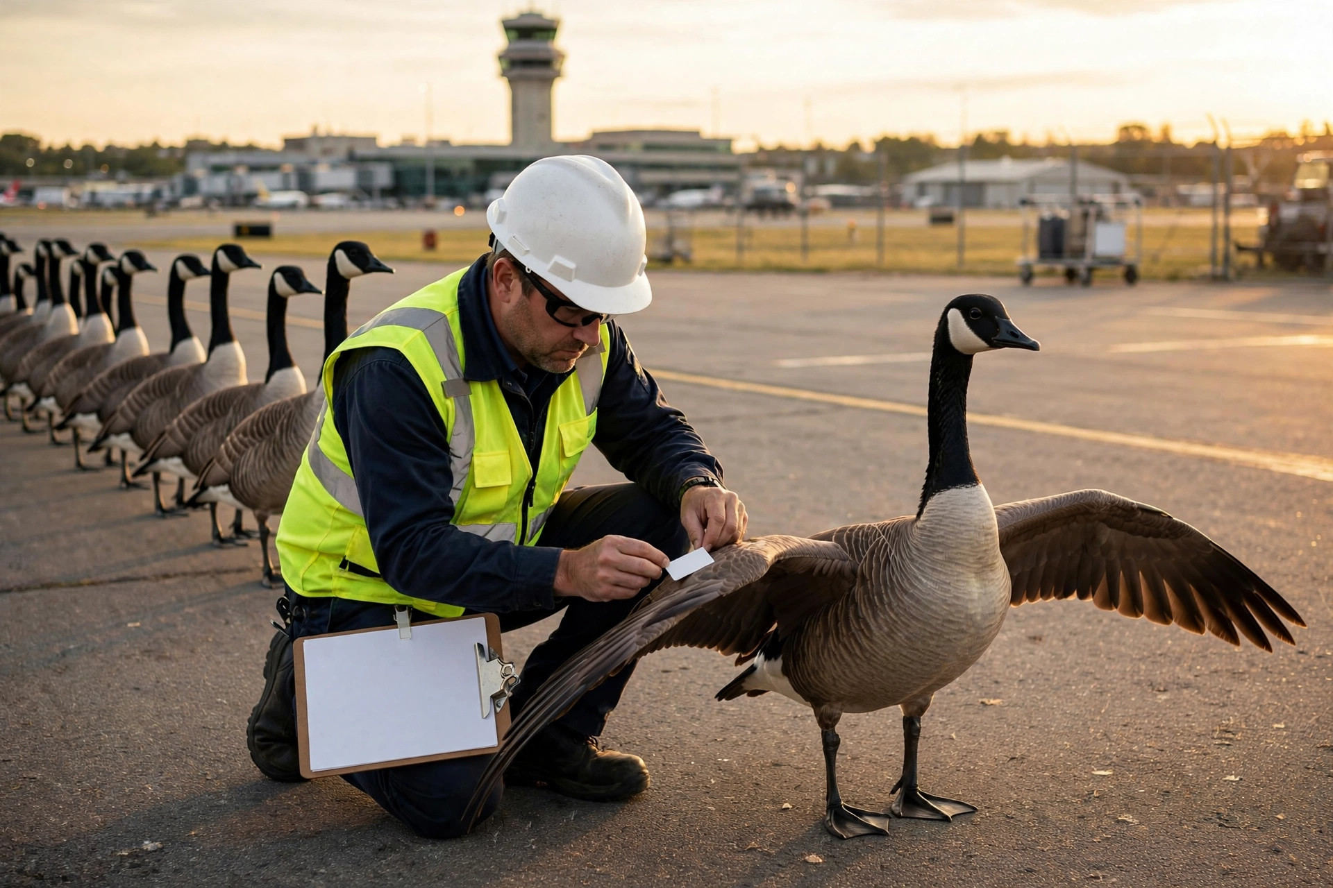 A stern FAA aviation safety inspector in a high-visibility yellow vest and white hard hat kneels on an airport runway holding a clipboard, carefully affixing a tiny white aircraft registration placard to the outstretched wing of a large Canada goose standing patiently before him, a long queue of additional geese waiting in line behind, an air traffic control tower in the background at golden hour
