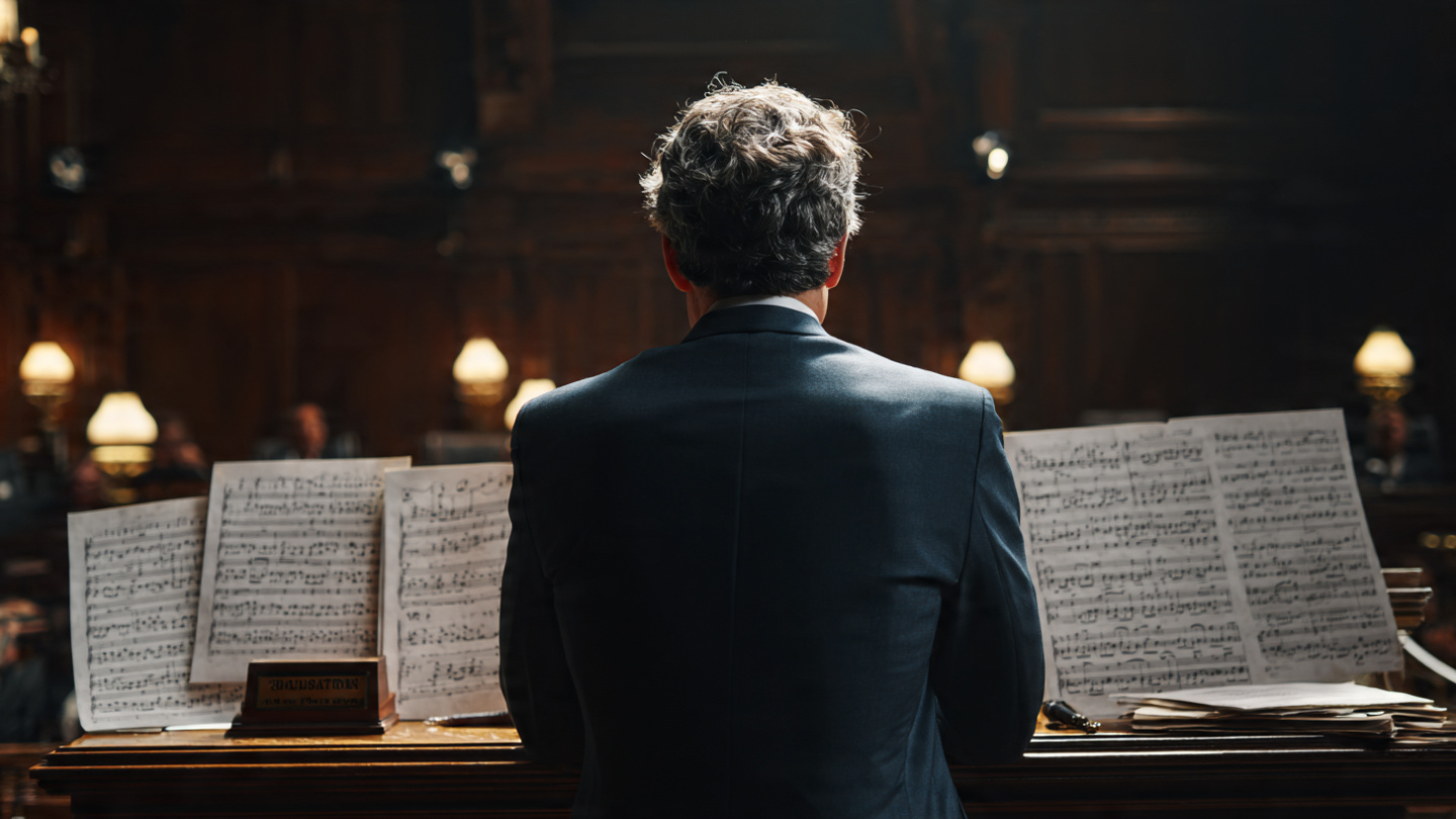 A serious federal copyright attorney in a dark suit standing in a forest clearing, serving legal papers to a Northern Mockingbird perched on a branch, with musical notation sheets scattered on the ground