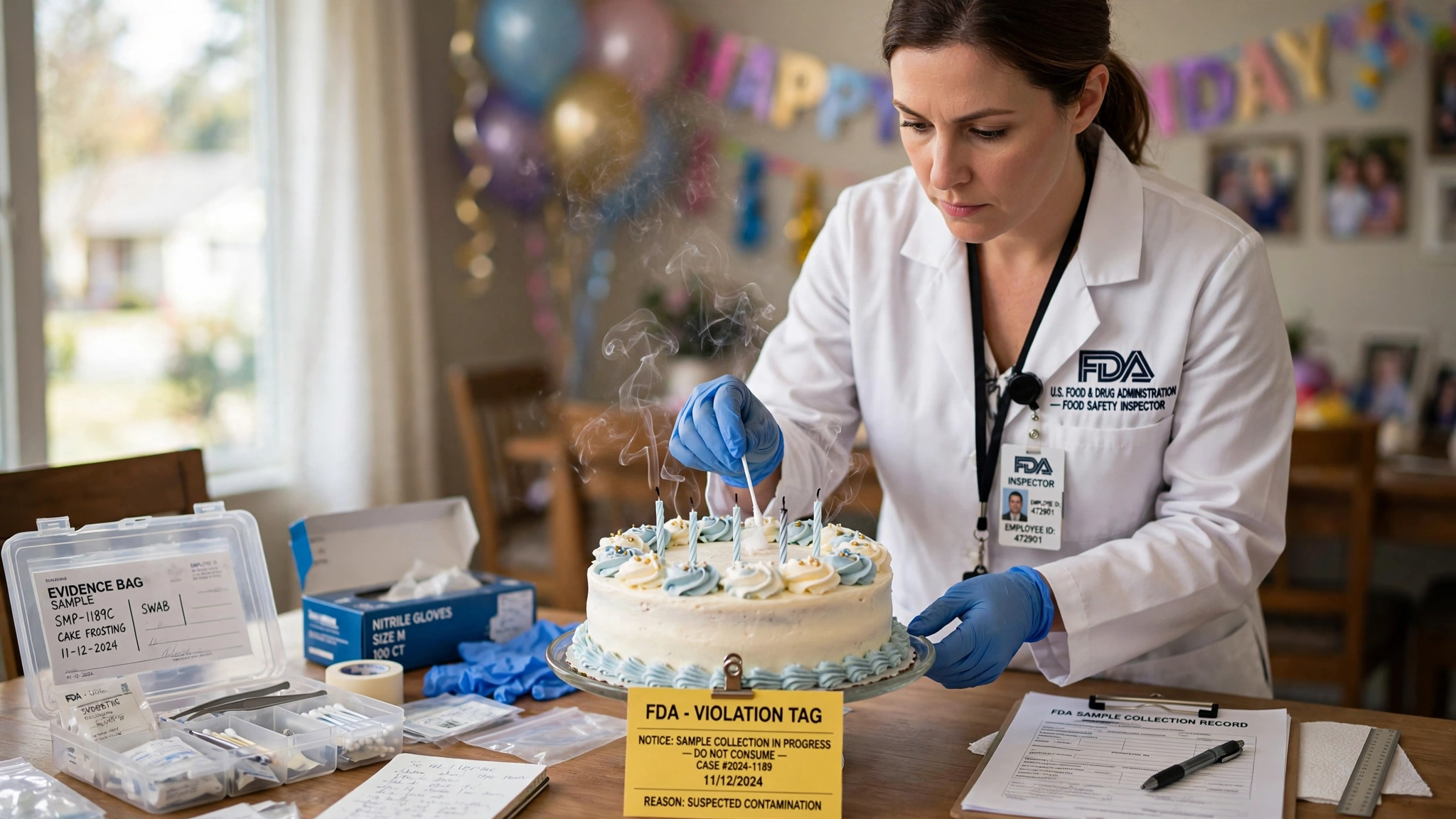 An FDA inspector in a white lab coat and blue nitrile gloves standing in a suburban dining room, holding a sterile swab to the frosted surface of a birthday cake with still-smoking extinguished candles, yellow FDA violation tag clipped to the cake stand, evidence collection kit open on the dining table