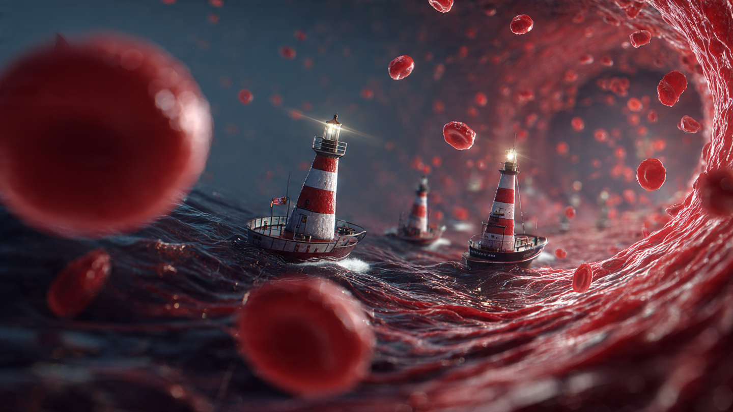 A red blood cell navigating a blood vessel rendered as a federally marked navigable waterway with Coast Guard buoys