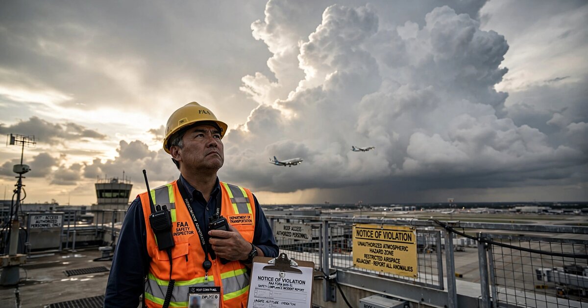 An FAA inspector on an airport control tower observation deck holds a clipboard of violation forms and frowns up at an enormous cumulus cloud looming directly overhead in the national airspace