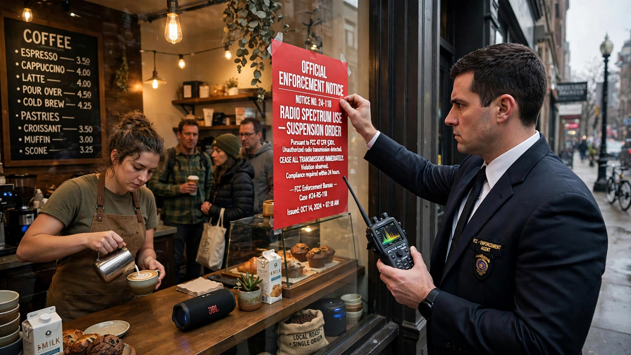 A stern government enforcement agent in a dark suit posts a bright red Official Enforcement Notice for radio spectrum use on the window of a cozy independent coffee shop while holding a handheld radio spectrum analyzer, as a barista calmly pours latte art inside and a small Bluetooth speaker sits on the counter