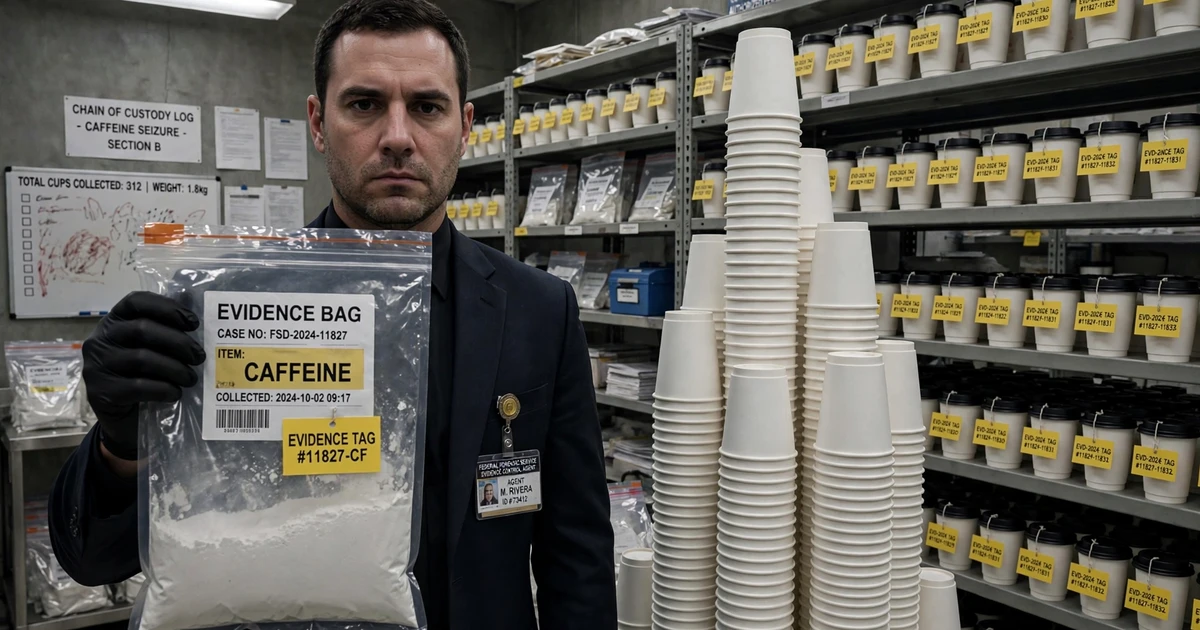 A stern federal evidence agent in a dark suit holds up a sealed evidence bag labeled CAFFEINE next to a towering stack of to-go coffee cups in a government forensics laboratory, with shelves of coffee cups tagged as evidence behind him