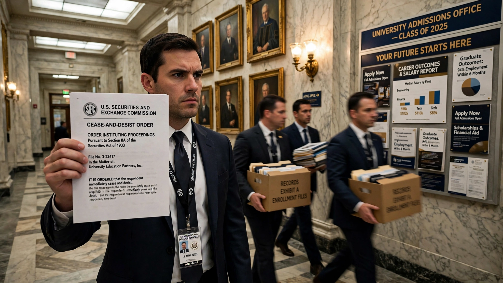 An SEC enforcement investigator in a dark suit standing in the marble hallway of a prestigious university, holding a cease-and-desist order, with admissions brochures and salary charts visible on a display board behind him