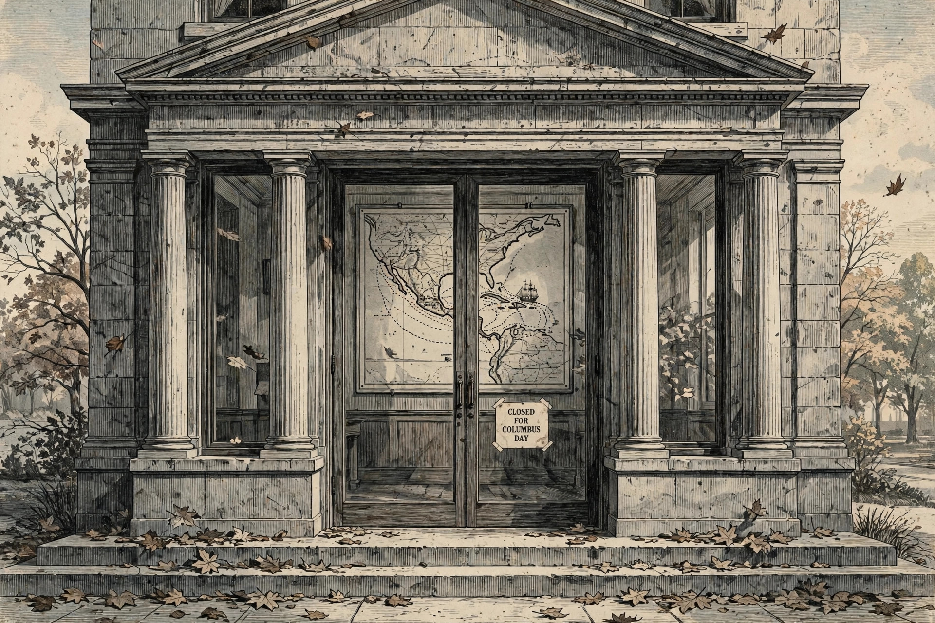The closed entrance of a federal office building on an October morning, a paper sign reading CLOSED FOR COLUMBUS DAY taped to the glass door, with an antique map behind it showing Columbus's actual voyage routes as dotted lines across the Caribbean, none of them touching the North American mainland
