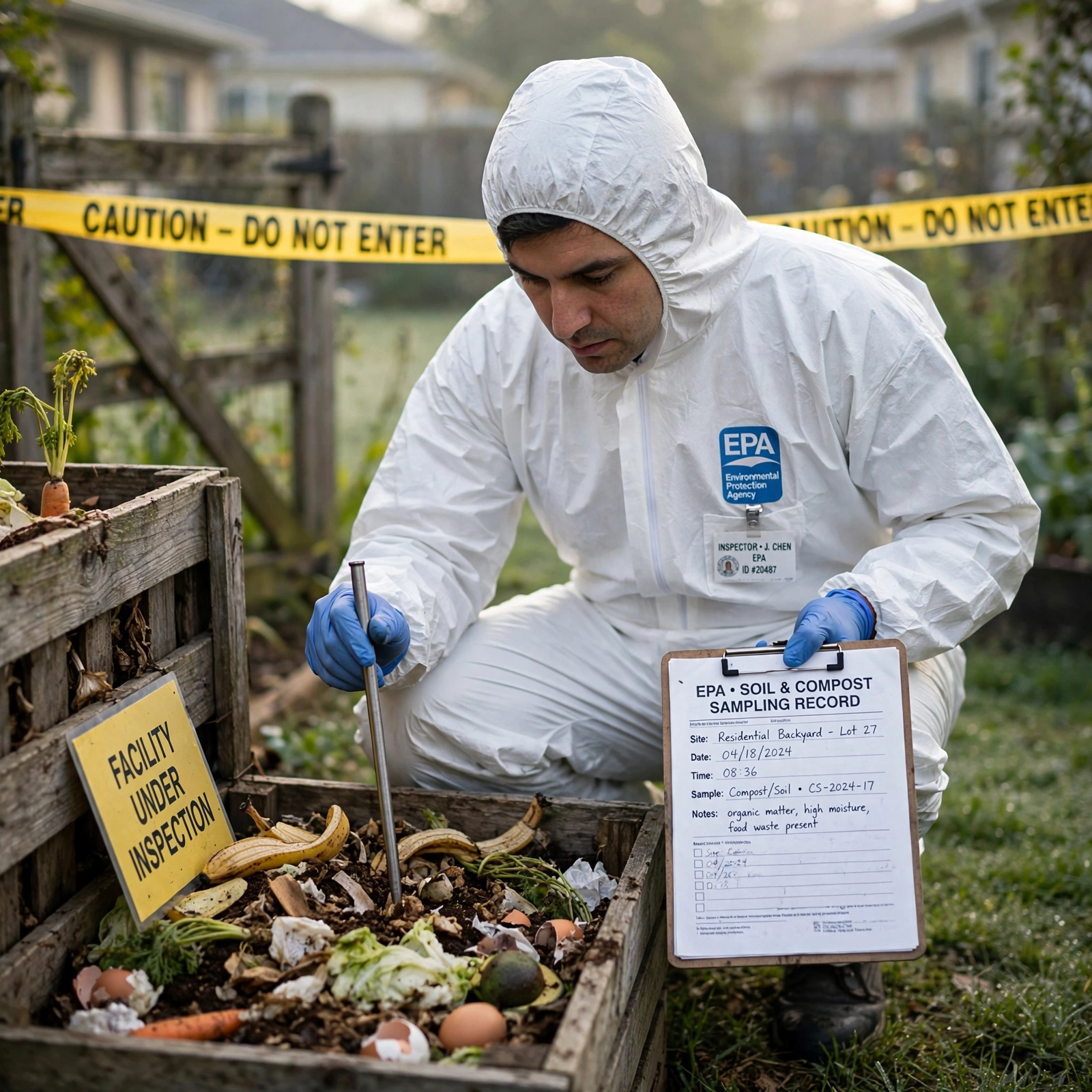 An EPA inspector in white Tyvek coveralls and blue nitrile gloves crouching beside a humble wooden backyard compost bin in a suburban yard, holding a clipboard and a soil sampling probe inserted into the decomposing food scraps, yellow caution tape stretched across the garden gate