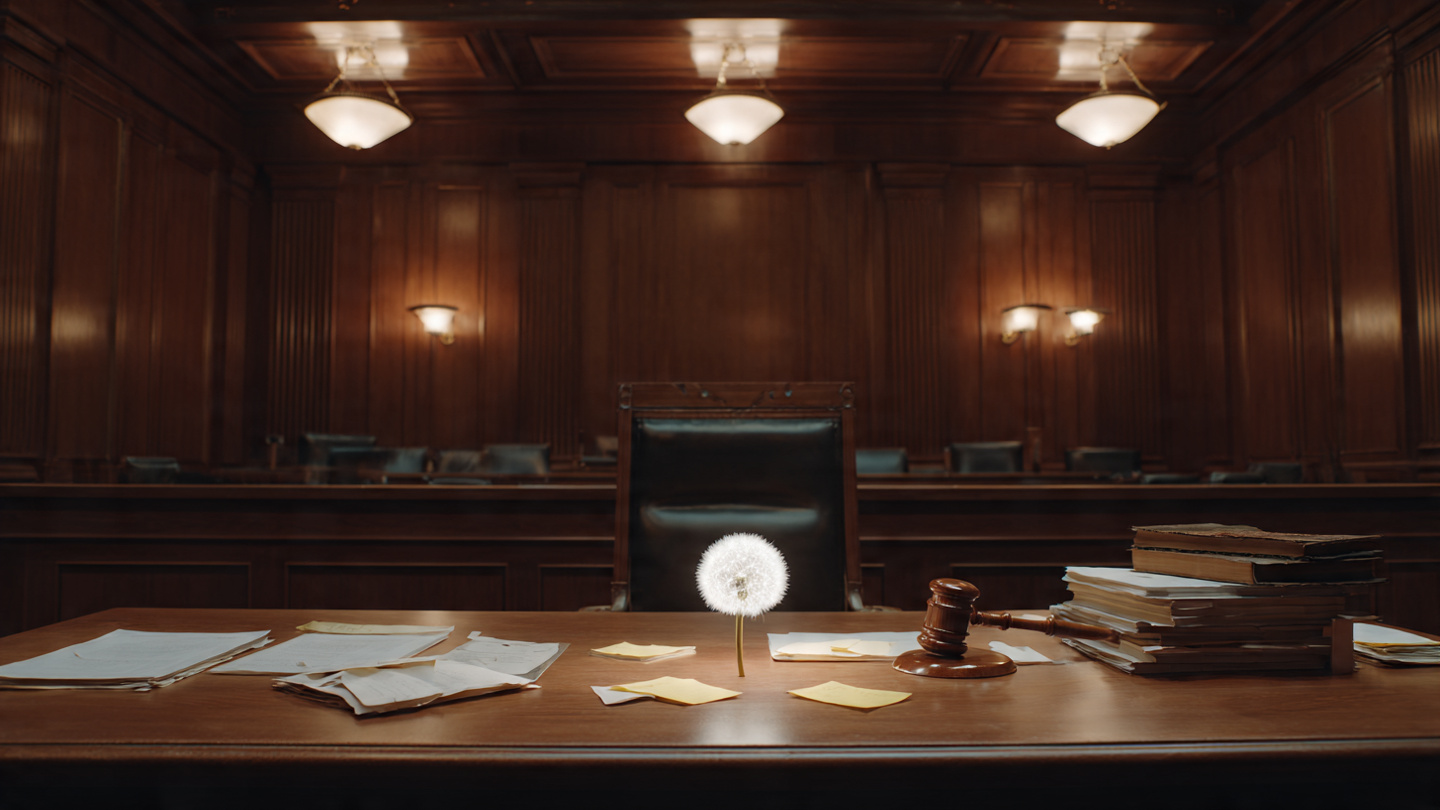A serious federal courtroom scene with a single dandelion puffball in the witness stand, surrounded by legal documents and constitutional law volumes