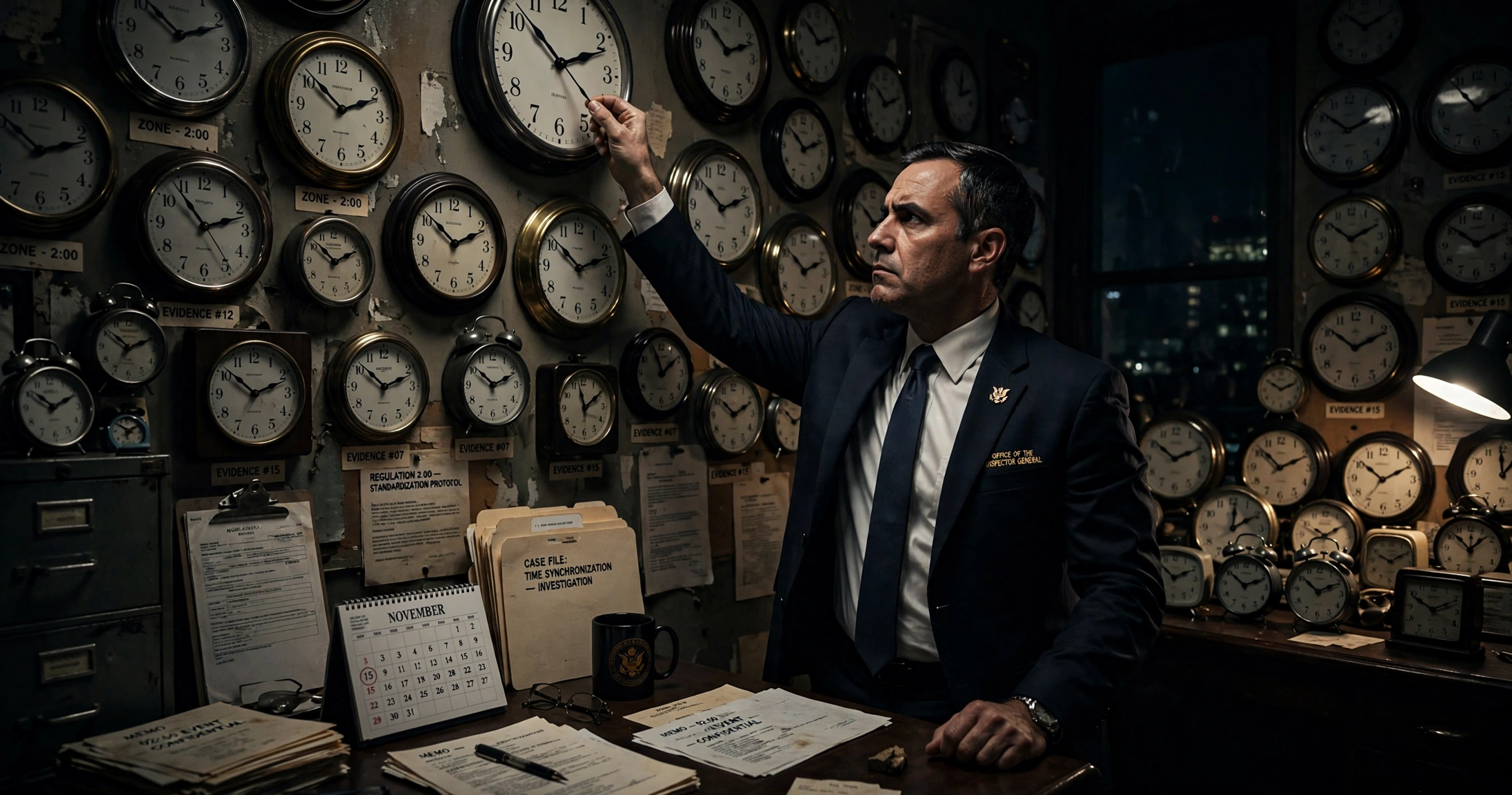 A stern federal official in a dark suit stands in a dim government office at night reaching up to move the hands of a large wall clock, surrounded by dozens of alarm clocks and wall clocks all reading 2:00, a desk calendar turned to November, dramatic documentary lighting