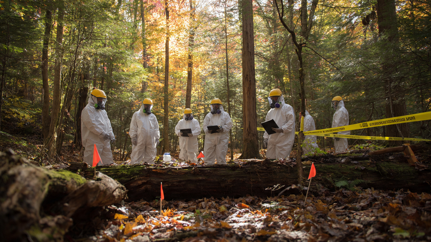 EPA Superfund inspectors in white Tyvek hazmat suits and yellow hard hats investigating a peaceful autumn forest floor covered in decomposing leaves, with yellow hazardous materials warning tape strung between trees and orange site assessment flags in the leaf litter