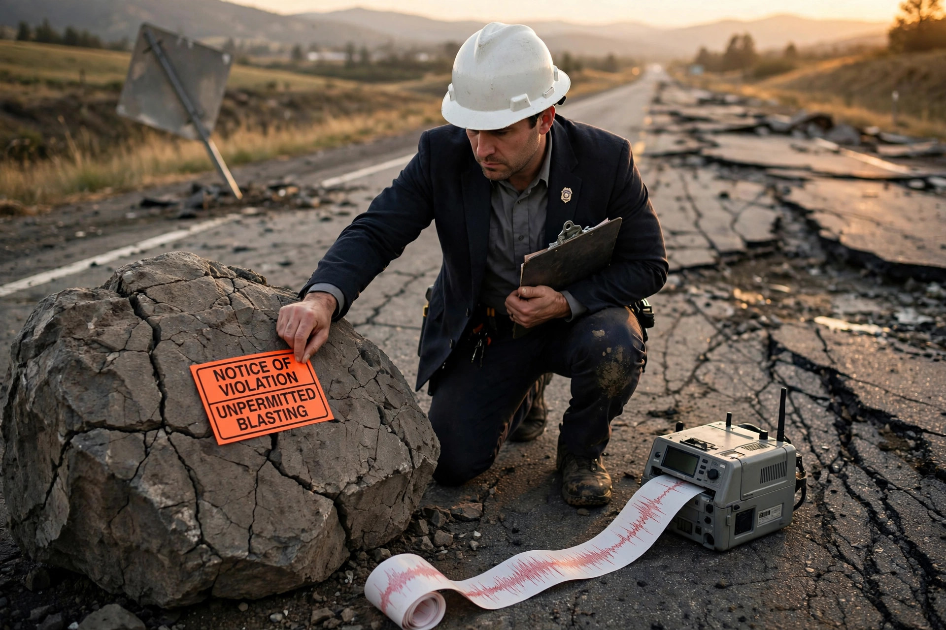A stern federal explosives compliance officer in a white hard hat and dark navy blazer kneels beside a large cracked boulder on a buckled stretch of asphalt, affixing a bright orange rectangular NOTICE OF VIOLATION tag marked UNPERMITTED BLASTING to the rock with one hand while holding a clipboard in the other, a portable seismograph unit beside him printing a jagged red waveform trace, a tilted road sign and fissured highway receding into the background, deadpan documentary photography at golden hour