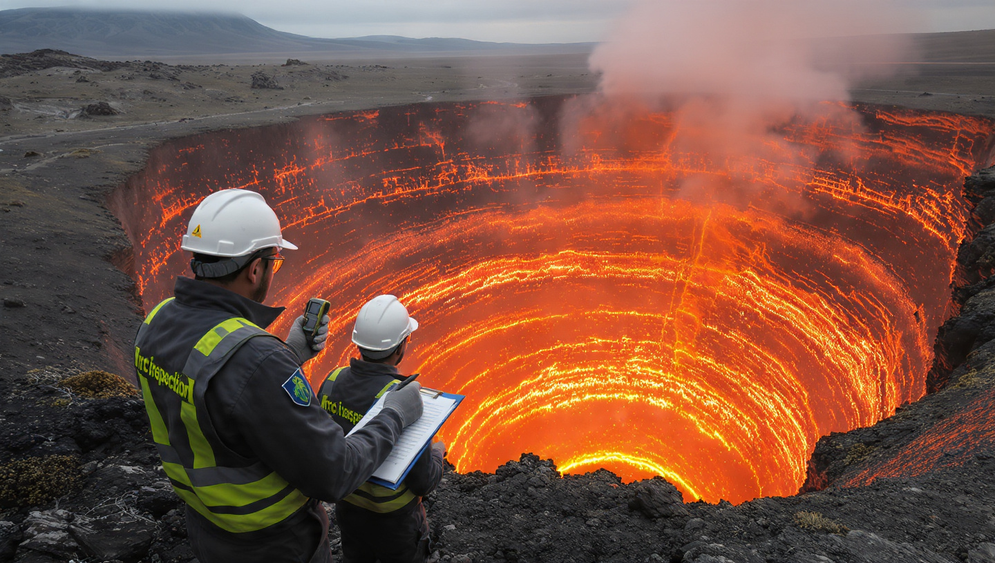 Two NRC inspectors in hard hats and high-visibility vests stand at the rim of a massive volcanic crater filled with glowing molten lava, one holding a radiation detector and the other taking notes on a clipboard