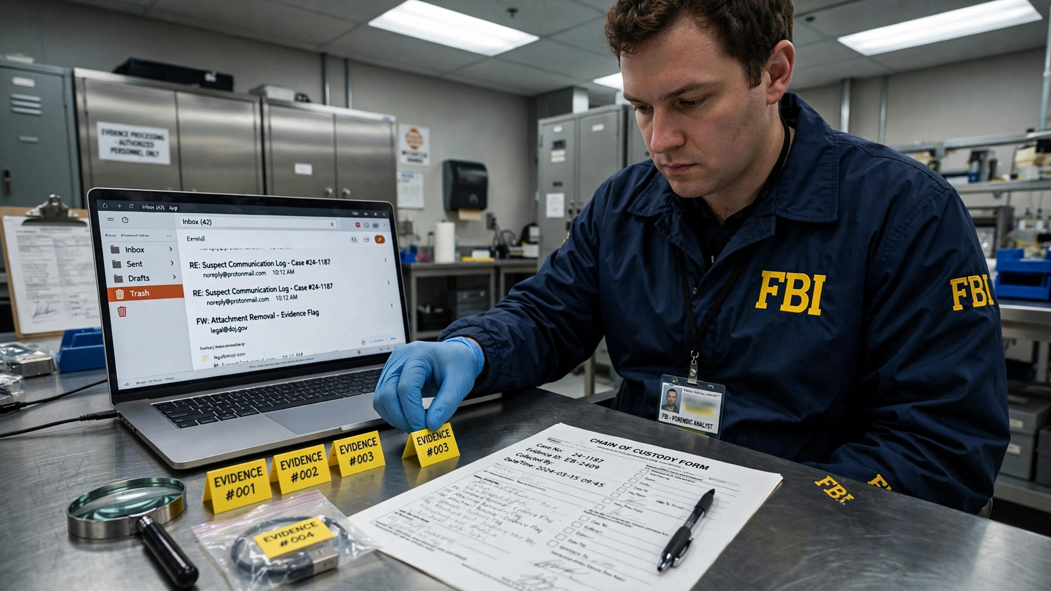 A serious FBI forensic analyst in a navy blue windbreaker seated at a sterile evidence examination table in a federal crime laboratory, carefully photographing a laptop screen that displays a Gmail inbox with the Trash folder highlighted and a confirmation dialog reading Are you sure you want to empty Trash, latex gloves, evidence tags, and chain-of-custody forms spread across the table, fluorescent overhead lighting