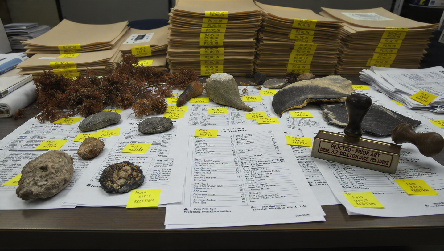 A patent examiner's desk buried under fossil specimens, burdock burrs, gecko feet, and kingfisher beaks, each tagged with yellow prior art rejection labels