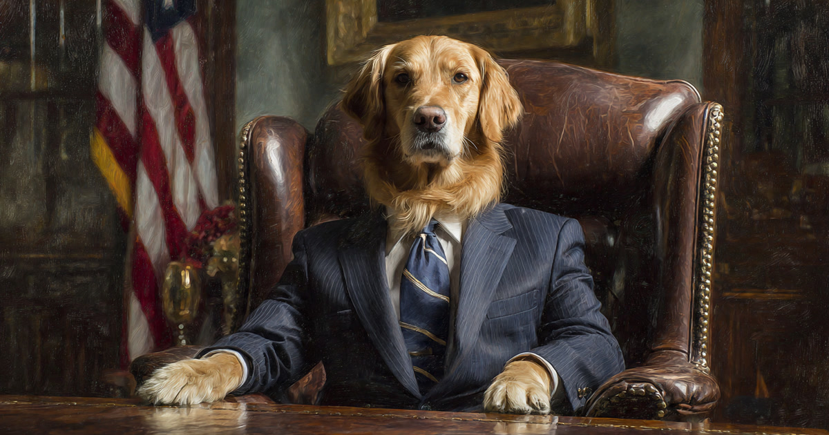 A golden retriever in a formal suit sitting at the Federal Reserve chairman's desk
