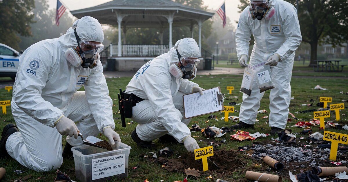EPA hazmat team in white Tyvek suits collecting soil samples at a public park the morning after a fireworks display, with yellow CERCLA evidence markers in the grass and spent firework shells on the ground