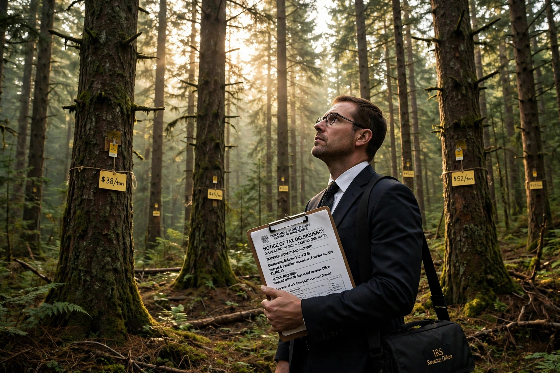 An IRS revenue officer in a dark suit holds a clipboard bearing a Notice of Tax Delinquency, looking up at towering pines in a misty old-growth forest, each trunk tagged with a yellow per-ton dollar value