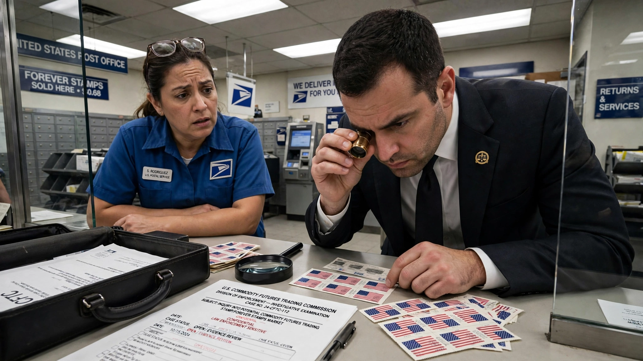 A CFTC investigator in a dark suit at a United States Post Office counter examining a sheet of Forever Stamps through a jeweler's loupe with the intensity of a commodities inspector, enforcement documents spread on the counter, harsh fluorescent lighting