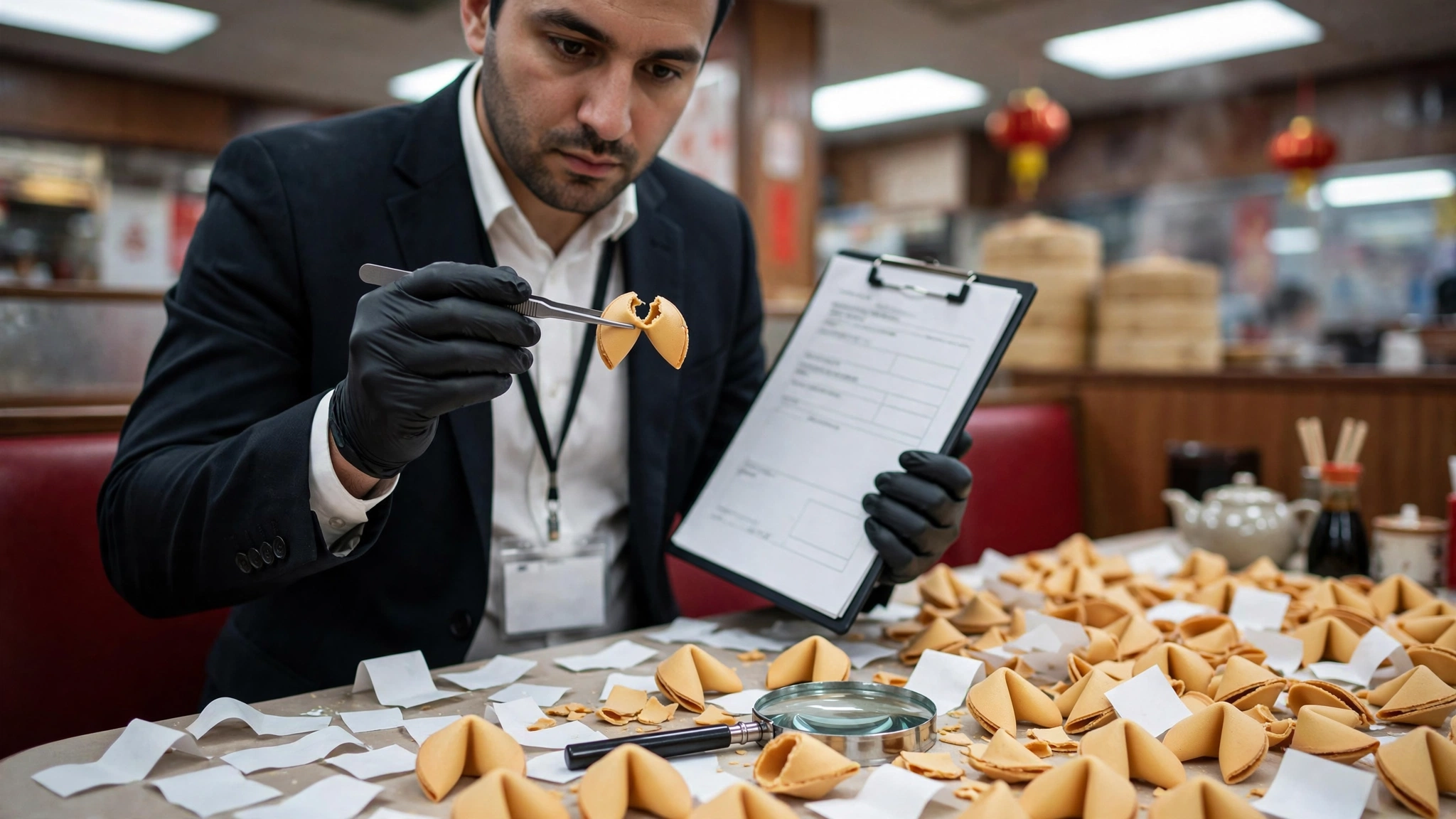 An FTC consumer protection inspector in a dark suit holds a fortune cookie with tweezers and a clipboard of violation forms inside a Chinese restaurant, with hundreds of cracked-open cookies and their fortune slips spread across a table like evidence