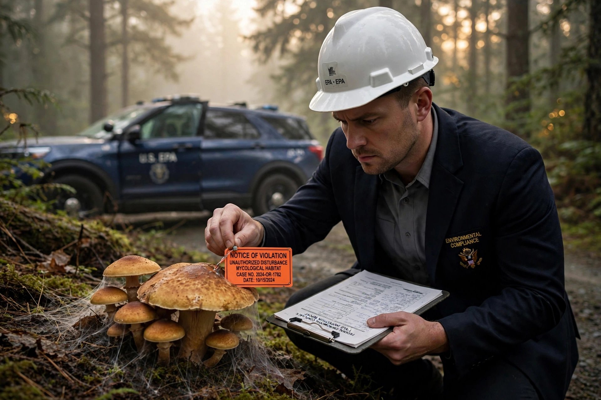 A stern federal environmental compliance officer in a white hard hat and dark navy blazer kneels beside a cluster of giant honey mushrooms in a misty Oregon pine forest, affixing a bright orange NOTICE OF VIOLATION tag to the largest mushroom cap with one hand while holding a clipboard in the other, faint white mycelium threads spreading across the dark forest floor, a U.S. EPA SUV parked on a dirt road behind him, deadpan documentary photography at golden hour