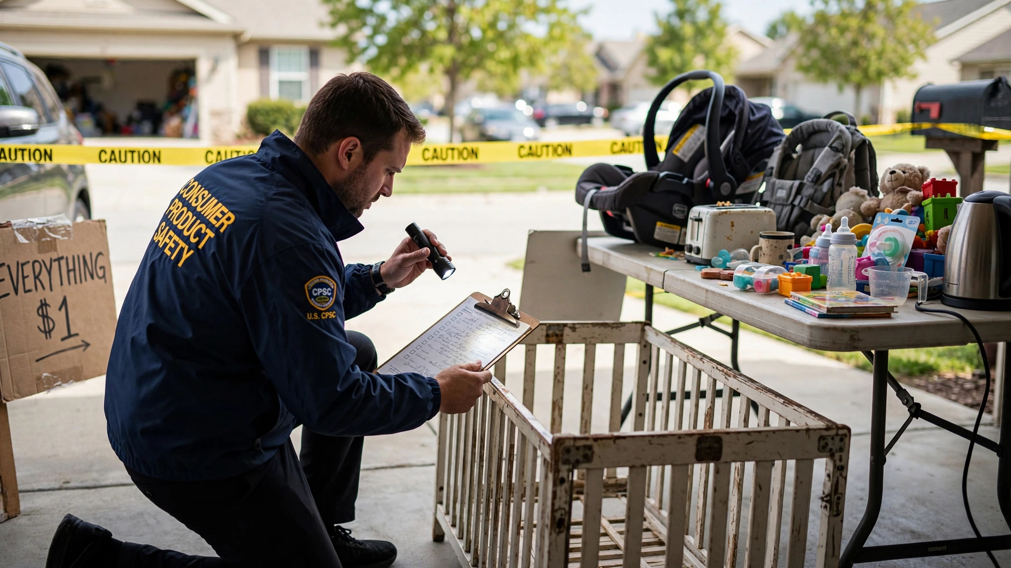 A serious CPSC compliance officer in a navy government windbreaker kneeling beside a suburban folding table at a garage sale, examining a used baby crib with a flashlight and clipboard while yellow CAUTION tape stretches across the driveway