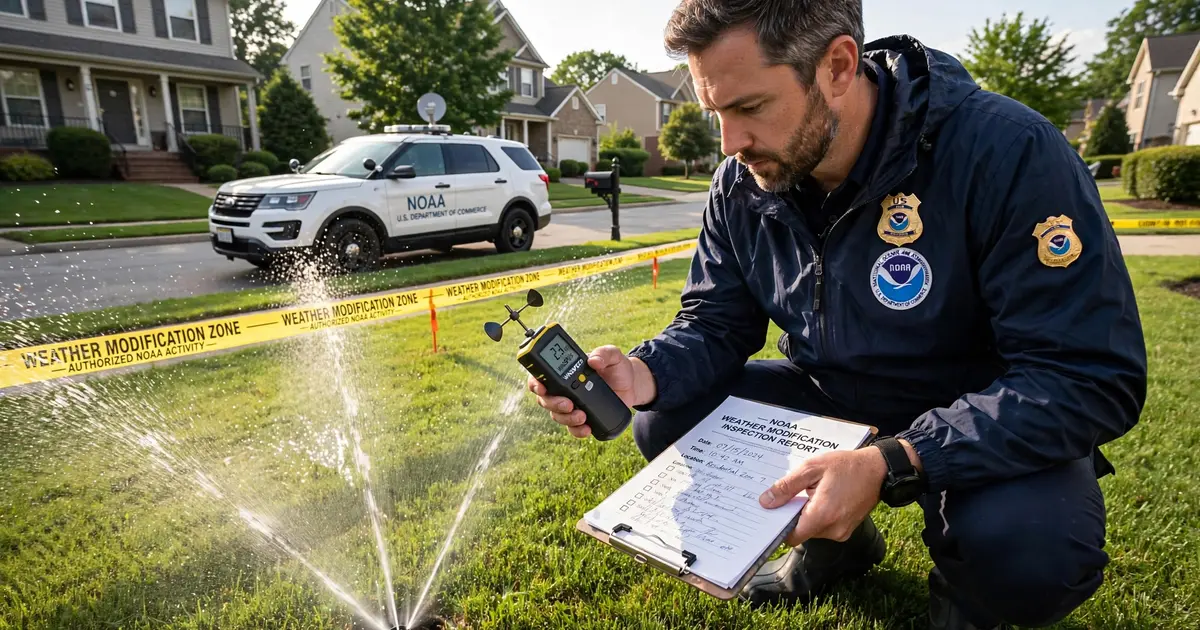 A NOAA meteorologist in a federal windbreaker crouching in a perfectly manicured suburban front lawn, examining a pop-up sprinkler head with a weather station anemometer and hygrometer, while neighboring houses stretch into the distance with dozens of sprinkler systems casting arcs of water into the morning sun