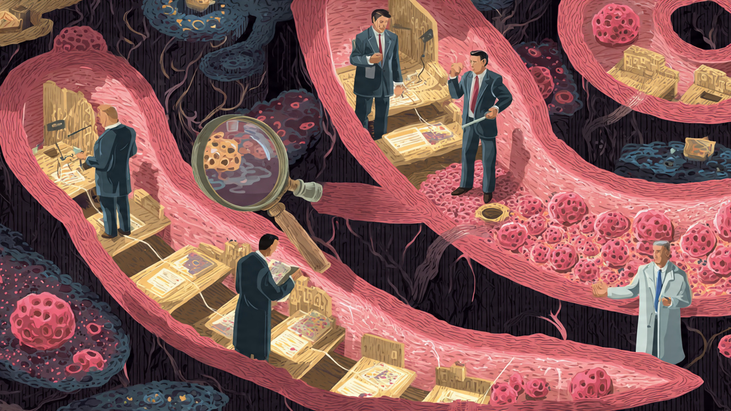 A cross-section of human intestinal villi with federal investigators in suits examining bacterial colonies through magnifying glasses, rendered in the style of a corporate compliance audit