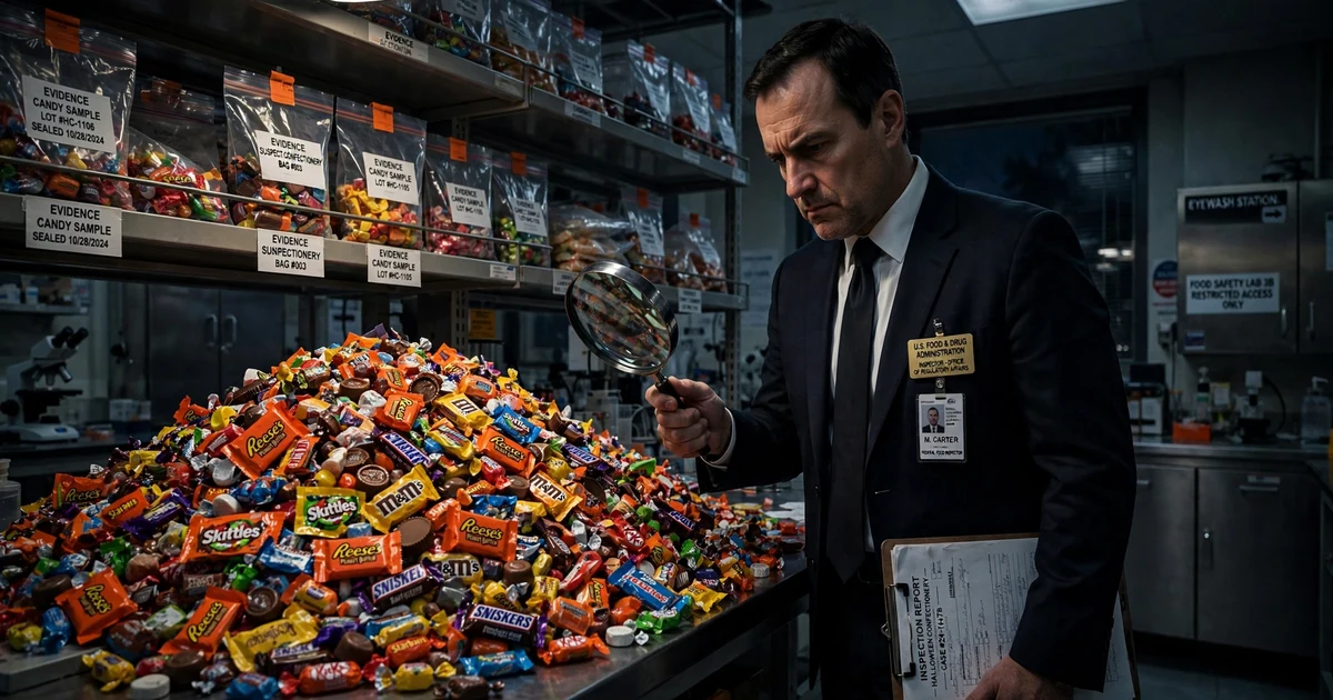 A stern federal food inspector in a dark suit holds a magnifying glass over a mountain of fun-size Halloween candy in a government laboratory, with shelves of sealed evidence bags of candy behind him