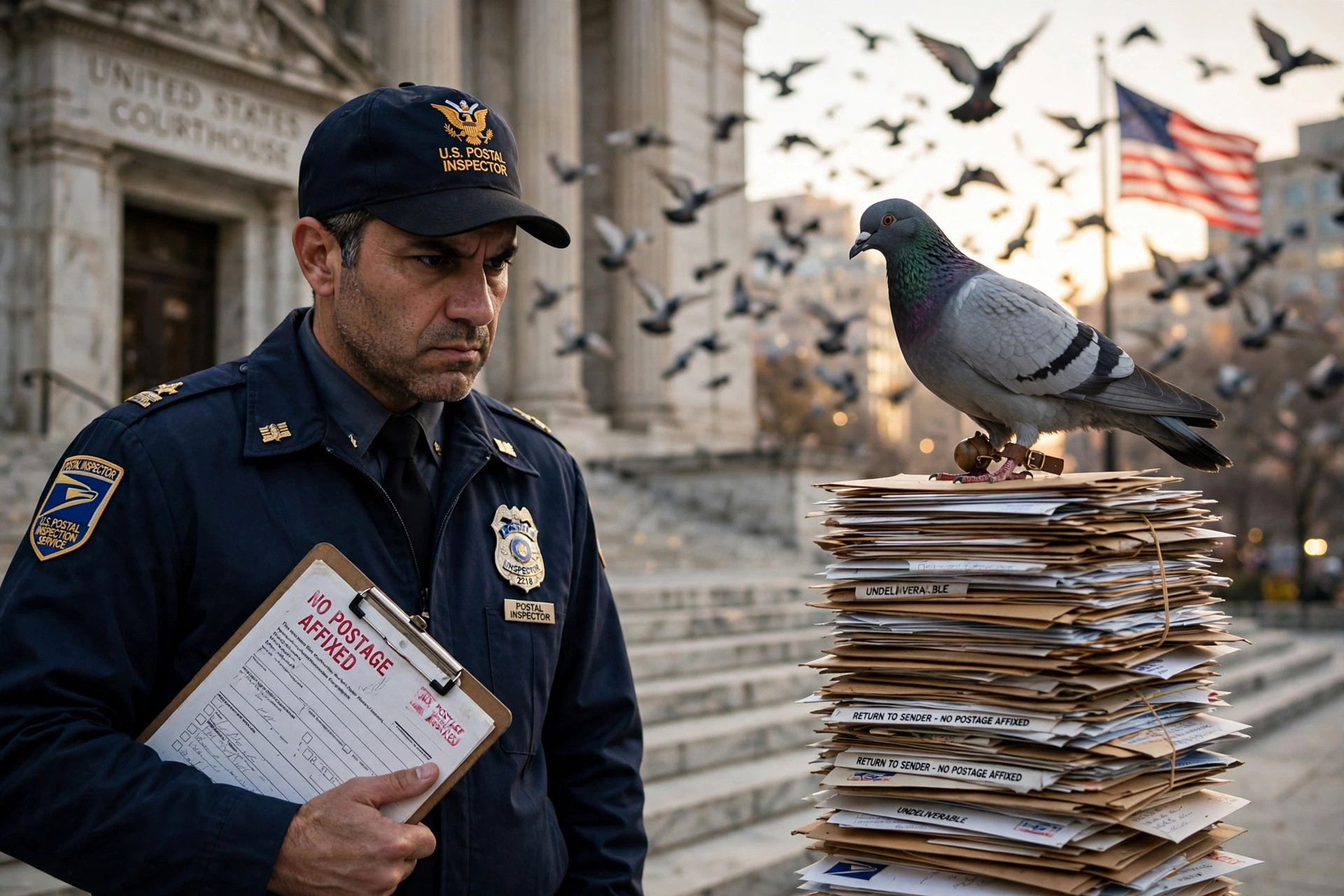 A stern U.S. postal inspector in navy uniform holds a clipboard stamped NO POSTAGE AFFIXED in red ink, confronting a homing pigeon wearing a tiny leather message capsule on its leg, perched atop a tall stack of undelivered letters on the steps of a federal courthouse as a flock of pigeons takes flight behind them