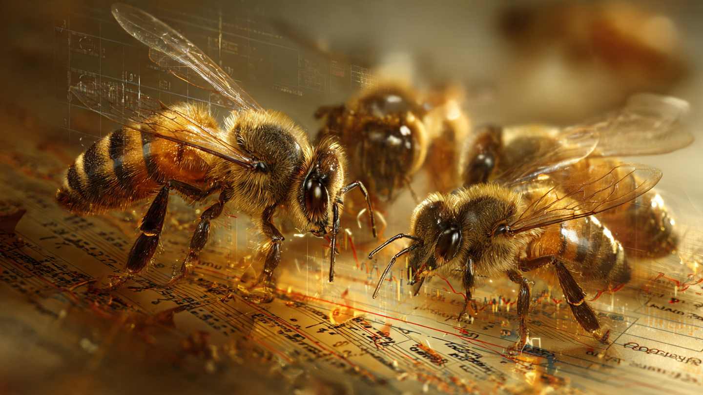 Honeybees on a golden honeycomb with translucent financial charts and SEC regulatory documents overlaid, in the style of a Wall Street Journal investigative photograph