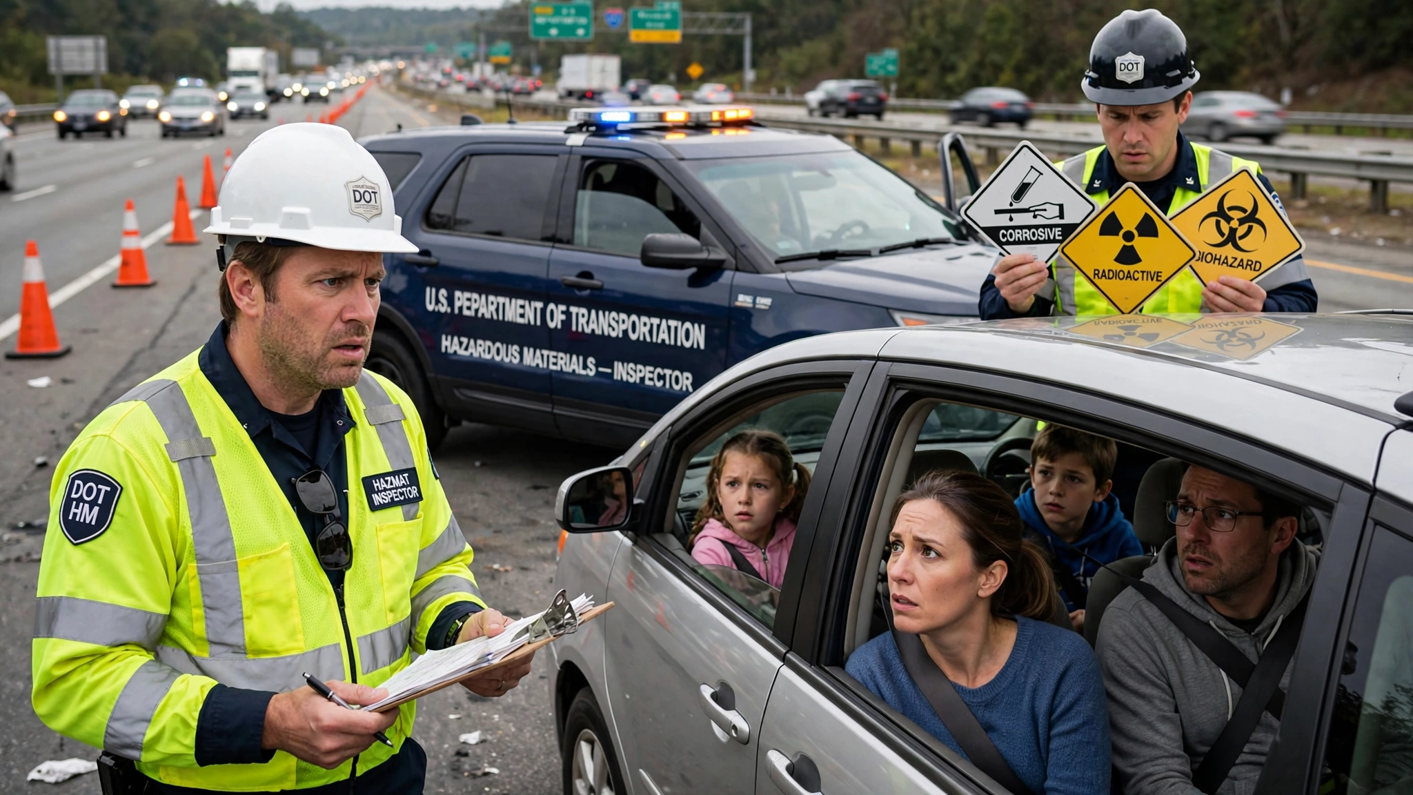 A DOT hazardous materials inspector in a high-visibility vest standing on an interstate highway shoulder, examining an ordinary commuter vehicle with a clipboard while another inspector holds up diamond-shaped CORROSIVE, RADIOACTIVE, and BIOHAZARD placards, orange traffic cones and an official DOT vehicle visible in the background
