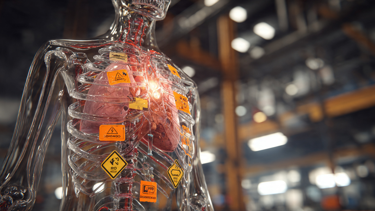 A transparent anatomical model of the human body standing in a factory setting with OSHA warning labels and hazard diamonds affixed to various organs