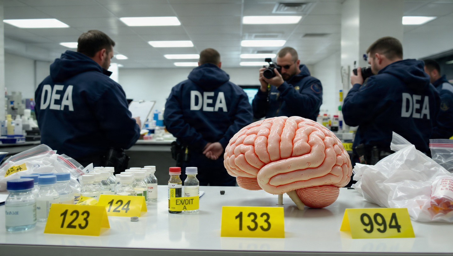 DEA agents in navy blue windbreakers examining a large anatomical brain model on an evidence table in a sterile laboratory, with yellow numbered evidence markers beside vials of clear liquid, under harsh fluorescent lighting