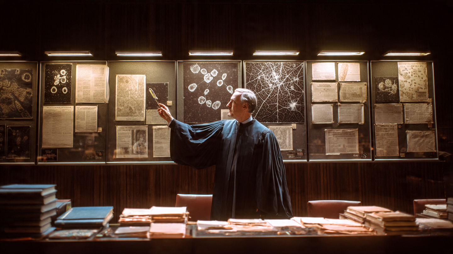 A solemn International Criminal Court prosecutor in dark robes examining electron microscope images of white blood cells pinned to an evidence board in a wood-paneled courtroom at The Hague