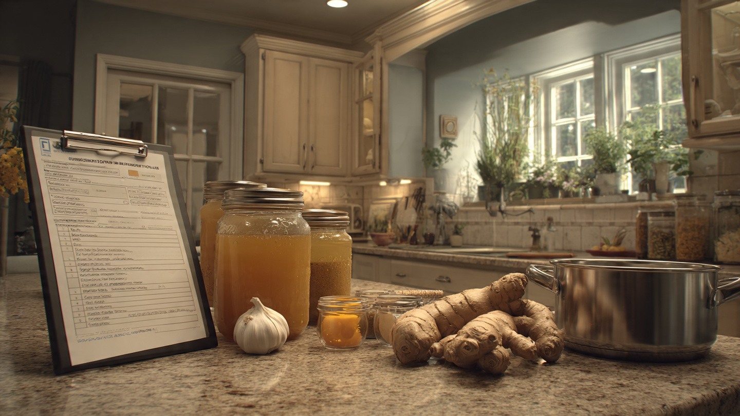 A pristine home kitchen with warm lighting, where ordinary spice jars and honey containers sit on a granite countertop next to an FDA inspection clipboard