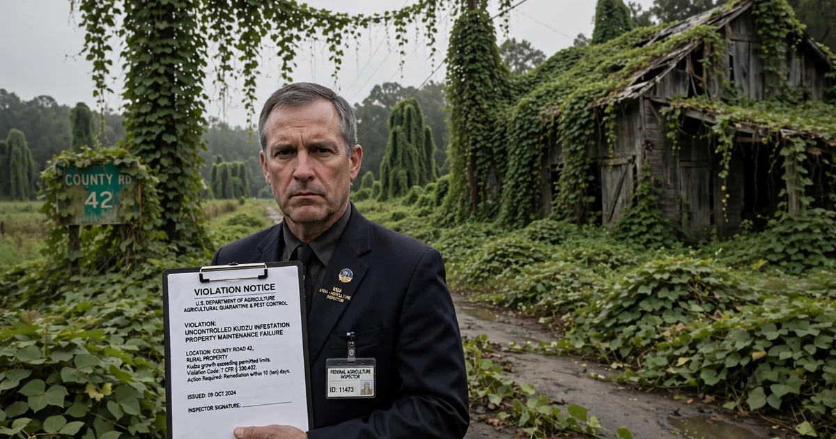 A stern federal agriculture inspector in a dark suit holds a clipboard bearing a violation notice before a rural Southern road engulfed by kudzu vines swallowing telephone poles and an abandoned wooden barn