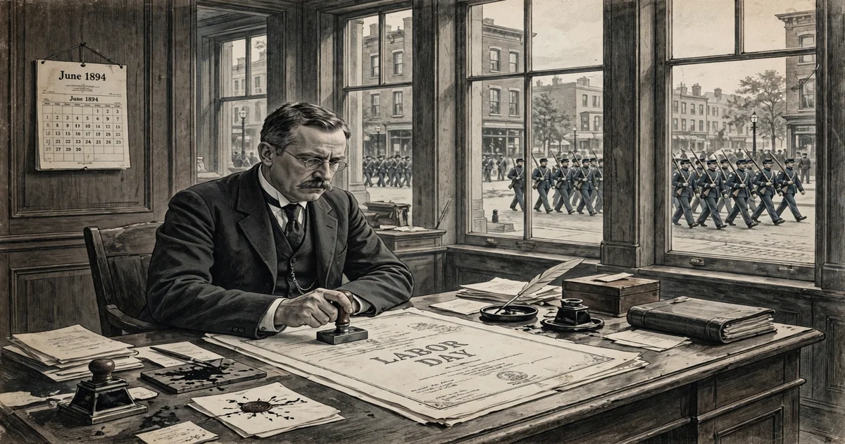 A stern 1890s federal clerk in a wood-paneled government office stamps a large document labeled LABOR DAY while a column of uniformed soldiers marches past the tall windows behind him, a wall calendar reading June 1894