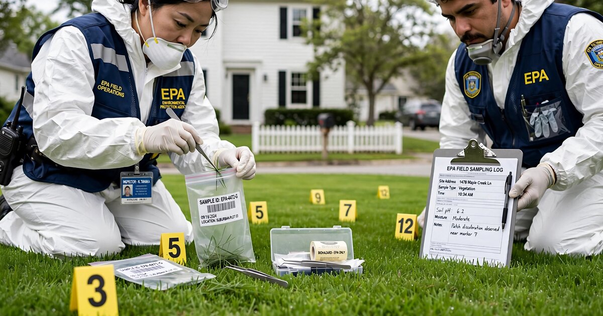 Two EPA field inspectors in white protective suits and official safety vests kneeling on a manicured suburban lawn, collecting grass blade samples into evidence bags with tweezers while yellow forensic evidence markers dot the grass