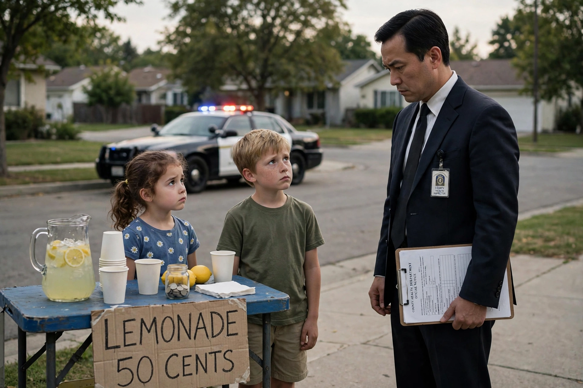 A stern county health inspector in a dark suit and tie holding a clipboard stands over a small children's lemonade stand on a suburban sidewalk, a glass pitcher of lemonade and paper cups on a folding table with a hand-lettered LEMONADE 50 CENTS sign, two young children looking up solemnly, a police cruiser with flashing lights parked at the curb behind them