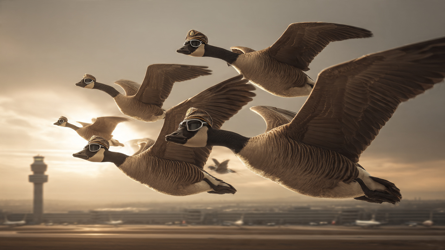 A flock of Canada geese in formation flight wearing tiny pilot caps over an international airport at dawn