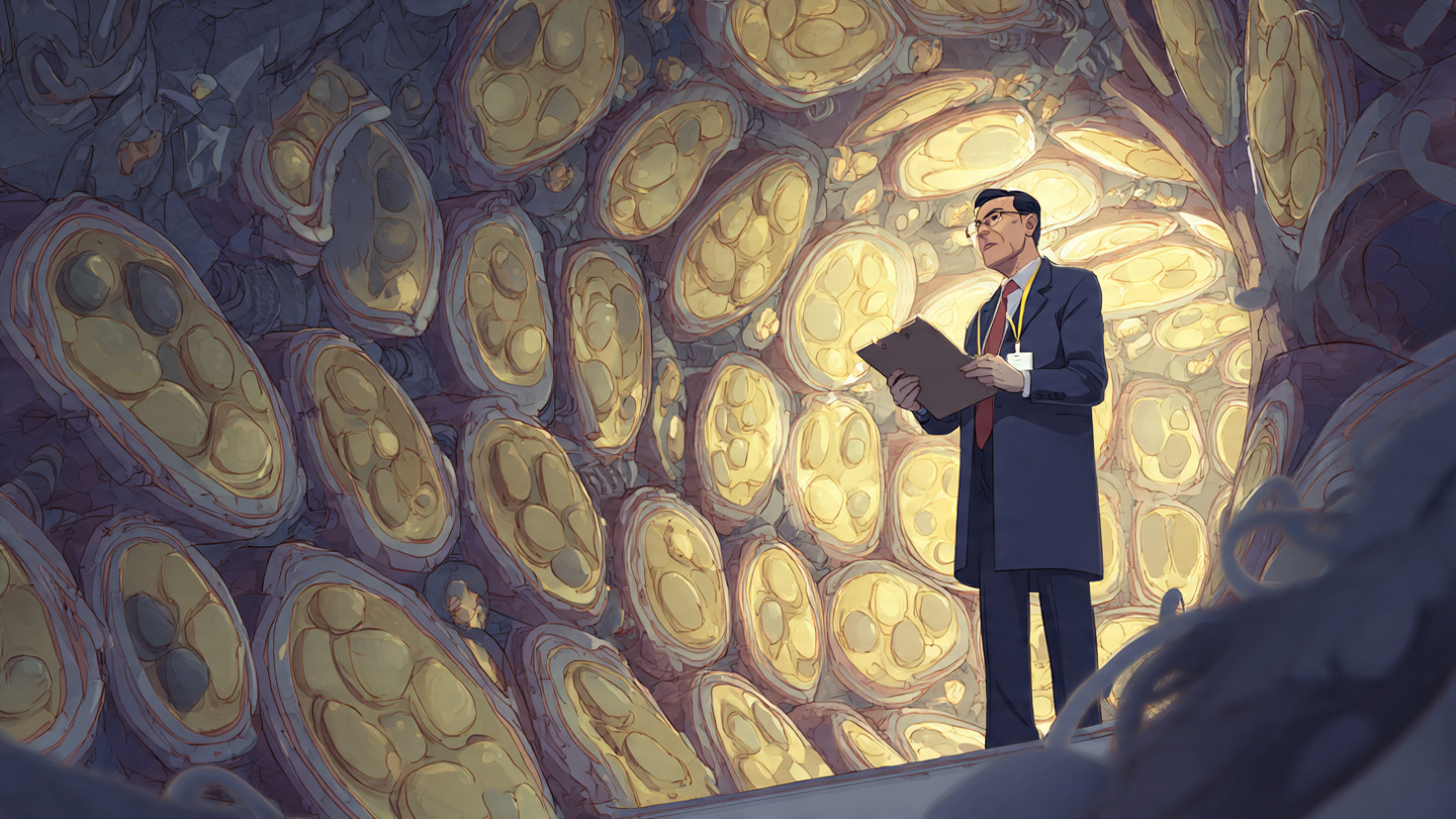 A federal labor inspector in a navy suit stands inside a dramatically enlarged human cell, clipboard in hand, surveying rows of glowing mitochondria wrapped in yellow OSHA caution tape