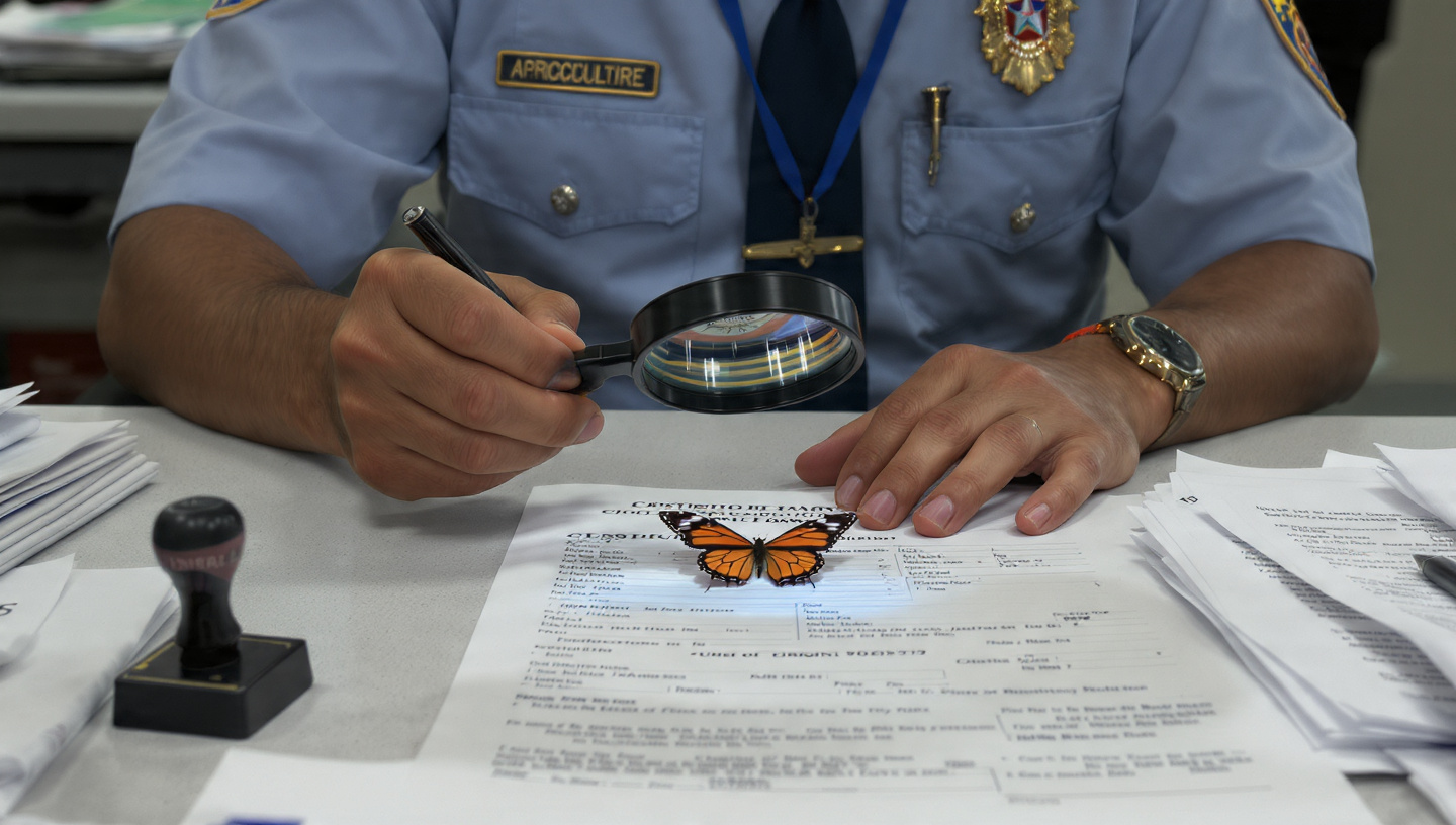 A serious CBP agriculture inspector in full uniform at a border crossing checkpoint, holding a magnifying glass up to a monarch butterfly perched on a customs declaration form, with stacks of import paperwork and a USMCA rules of origin manual on the desk
