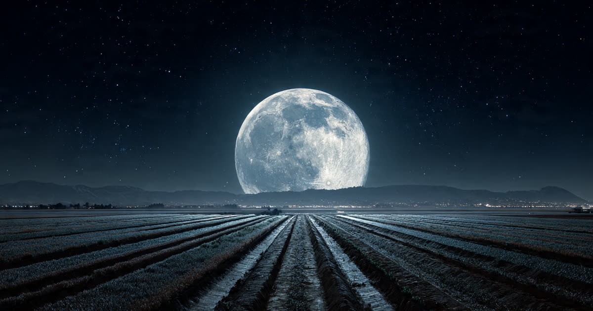 The moon with geometric crop rows visible on its surface