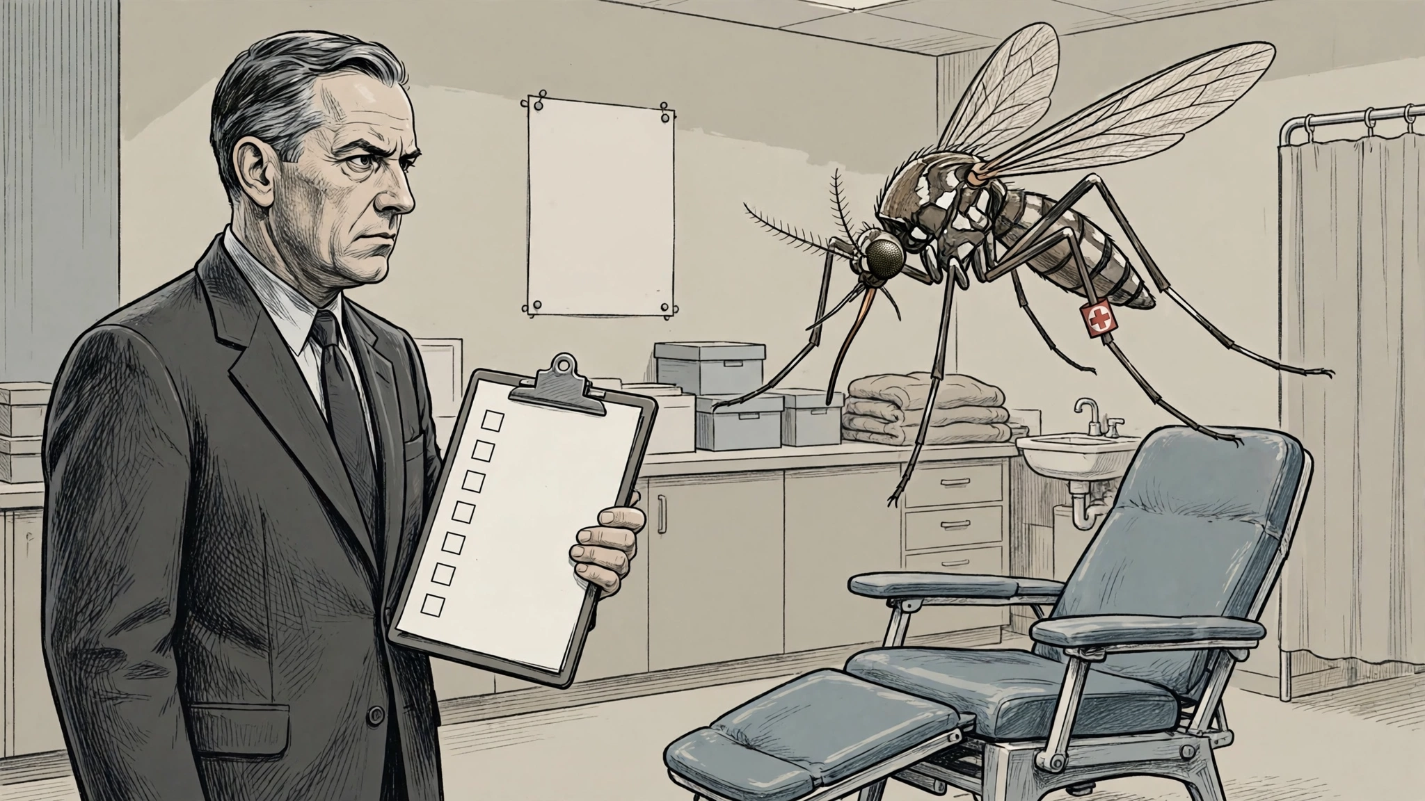 A stern public-health inspector in a dark suit holds a clipboard bearing an inspection checklist beside a giant mosquito wearing a tiny red cross armband, hovering over a blood-donation recliner chair in a clinical donation center